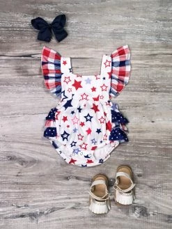 Sydney So Sweet Baby Boutique All American Cutie Red White & Blue Stars Ruffle Girls Baby Romper
