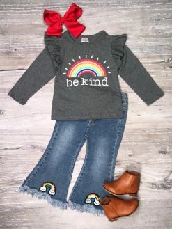 Sydney So Sweet Always Be Kind Rainbow Gray Ruffle Flare Denim Girls Outfit