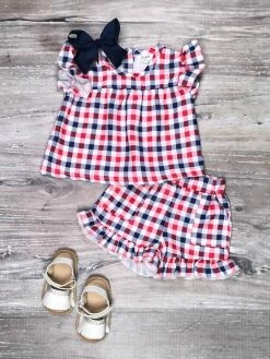 Sydney So Sweet Shorts & Capri Outfits American Plaid Red & Blue Ruffle Baby Girls Outfit