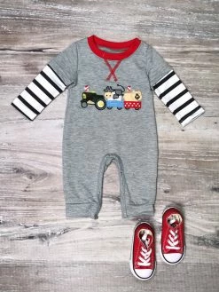 Sydney So Sweet Around The Farm Tractor Gray Stripe Long Sleeve Baby Boys Romper Baby Boutique