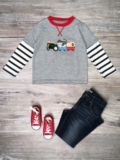 Sydney So Sweet Around The Farm Tractor Gray Stripe Long Sleeve Boys Top T-Shirts & Tops