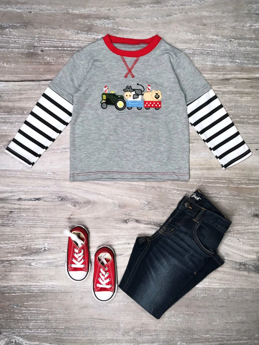 Sydney So Sweet Around The Farm Tractor Gray Stripe Long Sleeve Boys Top T-Shirts & Tops 1 Sydney So Sweet Around The Farm Tractor Gray Stripe Long Sleeve Boys Top T-Shirts & Tops