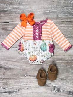 Sydney So Sweet Autumn Is Calling Orange Stripe Pumpkin Girls Fall Baby Romper Baby Boutique