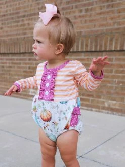 Sydney So Sweet Autumn Is Calling Orange Stripe Pumpkin Girls Fall Baby Romper Baby Boutique