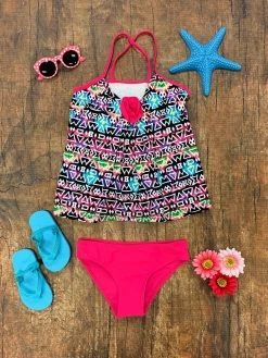 Sydney So Sweet Aztec Hot Pink Girls Swim Two Piece Tankini Swimsuit