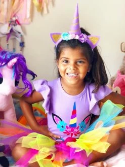 Sydney So Sweet Purple Rainbow Unicorn Costume - Tutu Skirt, Headband & Top Dress Up Set