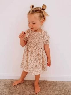 Sydney So Sweet Dresses & Skirt Sets Ivory Dusty Rose Ditsy Floral Puff Sleeve Smocked Girls Dress