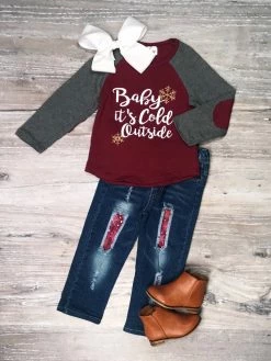 Sydney So Sweet Baby It's Cold Outside Burgundy Sequin Denim Patch Girls Outfit