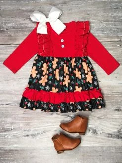 Sydney So Sweet Dresses & Skirt Sets Baking Spirits Bright Gingerbread Red Ruffle Girls Christmas Dress