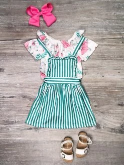 Sydney So Sweet Ballerina Bunny Teal Stripe Ruffle Girls Jumper Dress Set