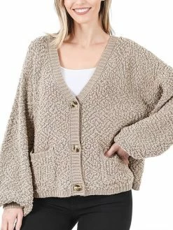 Sydney So Sweet Women's Clothing Balloon Sleeve Popcorn Button Down Pocket Women's Cardigan Mocha