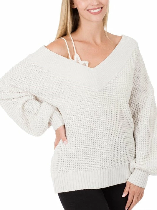 Sydney So Sweet Balloon Sleeve V-Neck Waffle Knit Women's Sweater Bone Women's Clothing 1 Sydney So Sweet Balloon Sleeve V-Neck Waffle Knit Women's Sweater Bone Women's Clothing