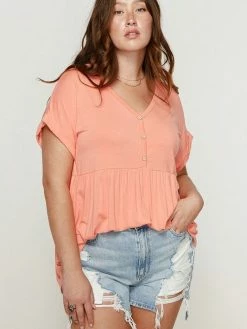 Sydney So Sweet Bamboo Button Down Women's Plus Size Babydoll Top Tropical Coral Women's Clothing