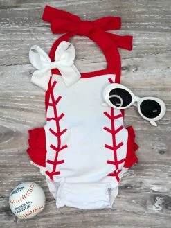 Sydney So Sweet Baseball Stitch Red Halter Bubble Baby Romper