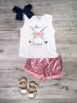 Sydney So Sweet New Arrivals Be Brave Floral Arrow Pink Sequin Pom Girls Shorts Outfit