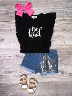 Sydney So Sweet Be Kind Black Glittery Sequin Denim Ruffle Girls Shorts Outfit New Arrivals