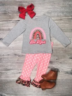 Sydney So Sweet 2 Piece Pants Outfits Be Kind Rainbow Pink Polka Dot Ruffle Girls Outfit