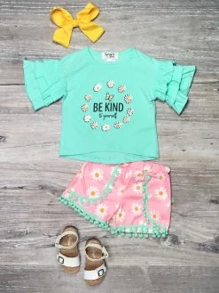 Sydney So Sweet Be Kind To Yourself Blue & Pink Daisy Pom Girls Shorts Outfit