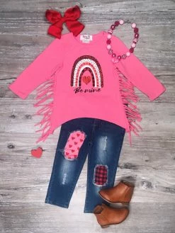 Sydney So Sweet Be Mine Under The Rainbow Heart Plaid Denim Patch Girls Outfit