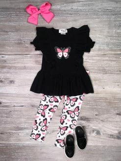 Sydney So Sweet 2 Piece Pants Outfits Beautiful Butterfly Pink & Black Ruffle Girls Outfit