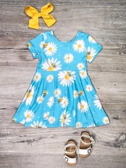 Sydney So Sweet Bee Happy Daisy Blue Short Sleeve Girls Spring Skater Dress
