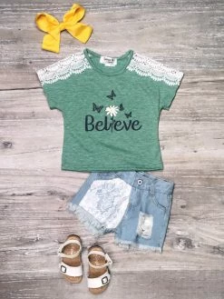 Sydney So Sweet New Arrivals Believe Butterfly Green Lace Denim Girls Shorts Outfit