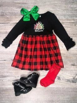 Sydney So Sweet Dresses & Skirt Sets Believe In Christmas Buffalo Plaid Ruffle Girls Dress Sock Set