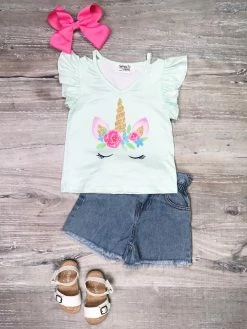 Sydney So Sweet Believe In Unicorns Mint Flutter Sleeve Denim Girls Shorts Outfit