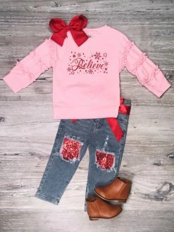 Sydney So Sweet Believe Glitter Red Snowflake Pink Denim Girls Christmas Outfit