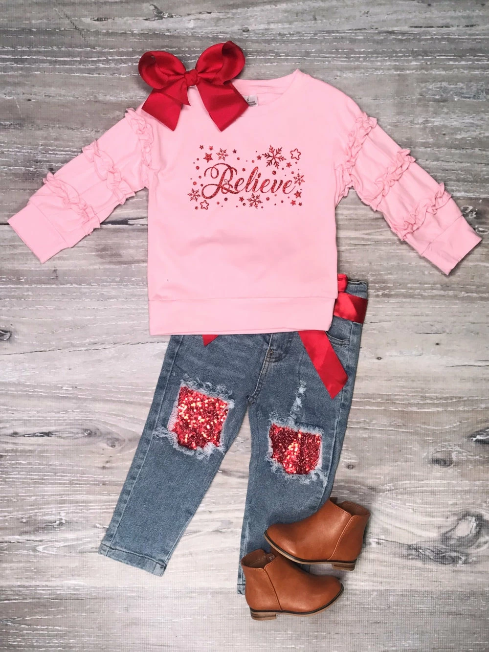 Sydney So Sweet Believe Glitter Red Snowflake Pink Denim Girls Christmas Outfit 1 Sydney So Sweet Believe Glitter Red Snowflake Pink Denim Girls Christmas Outfit
