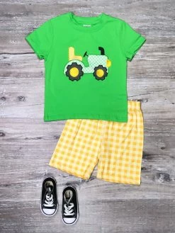 Sydney So Sweet New Arrivals Big Green Tractor Yellow Gingham Boys Shorts Outfit