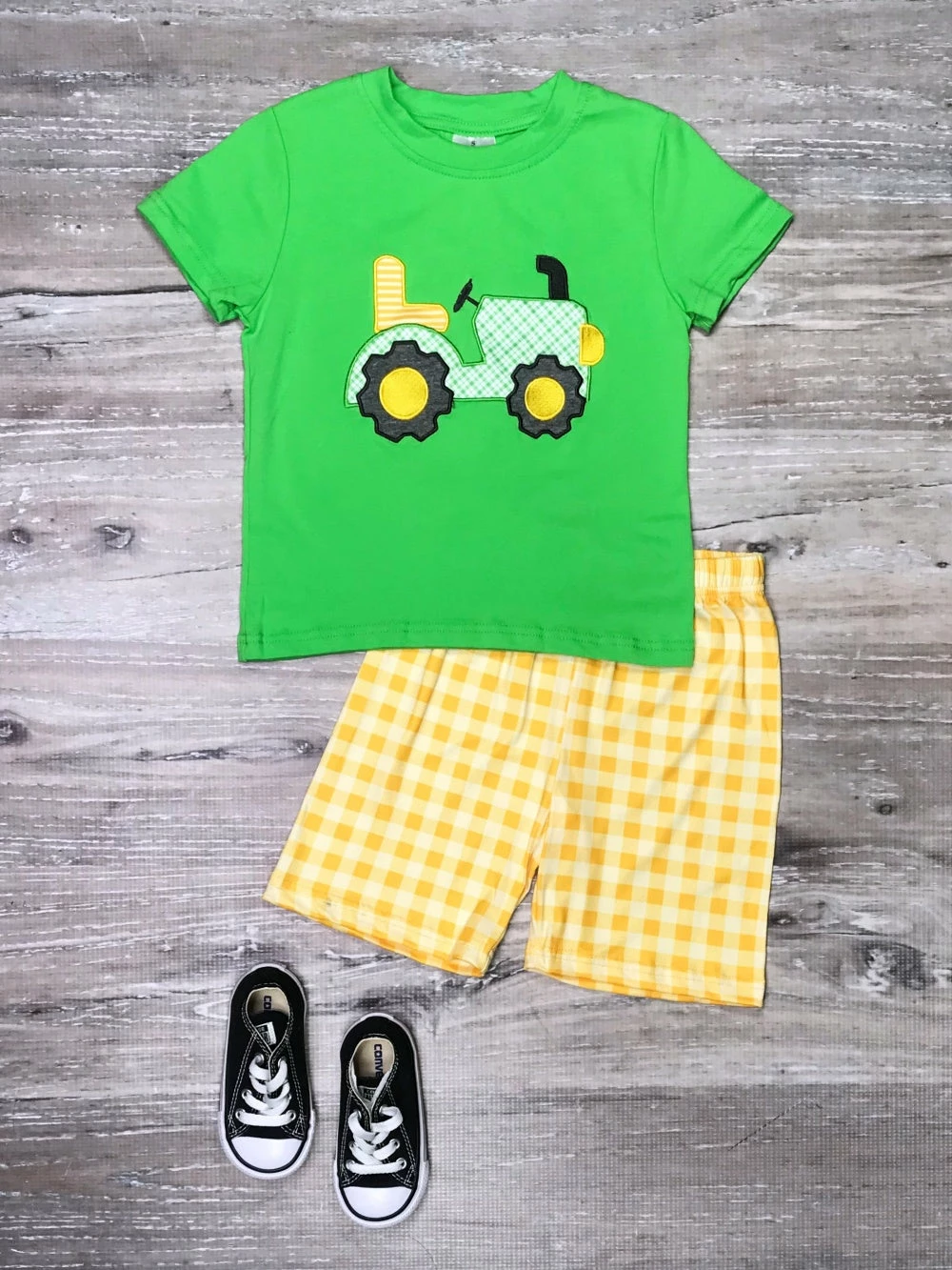 Sydney So Sweet New Arrivals Big Green Tractor Yellow Gingham Boys Shorts Outfit 1 Sydney So Sweet New Arrivals Big Green Tractor Yellow Gingham Boys Shorts Outfit