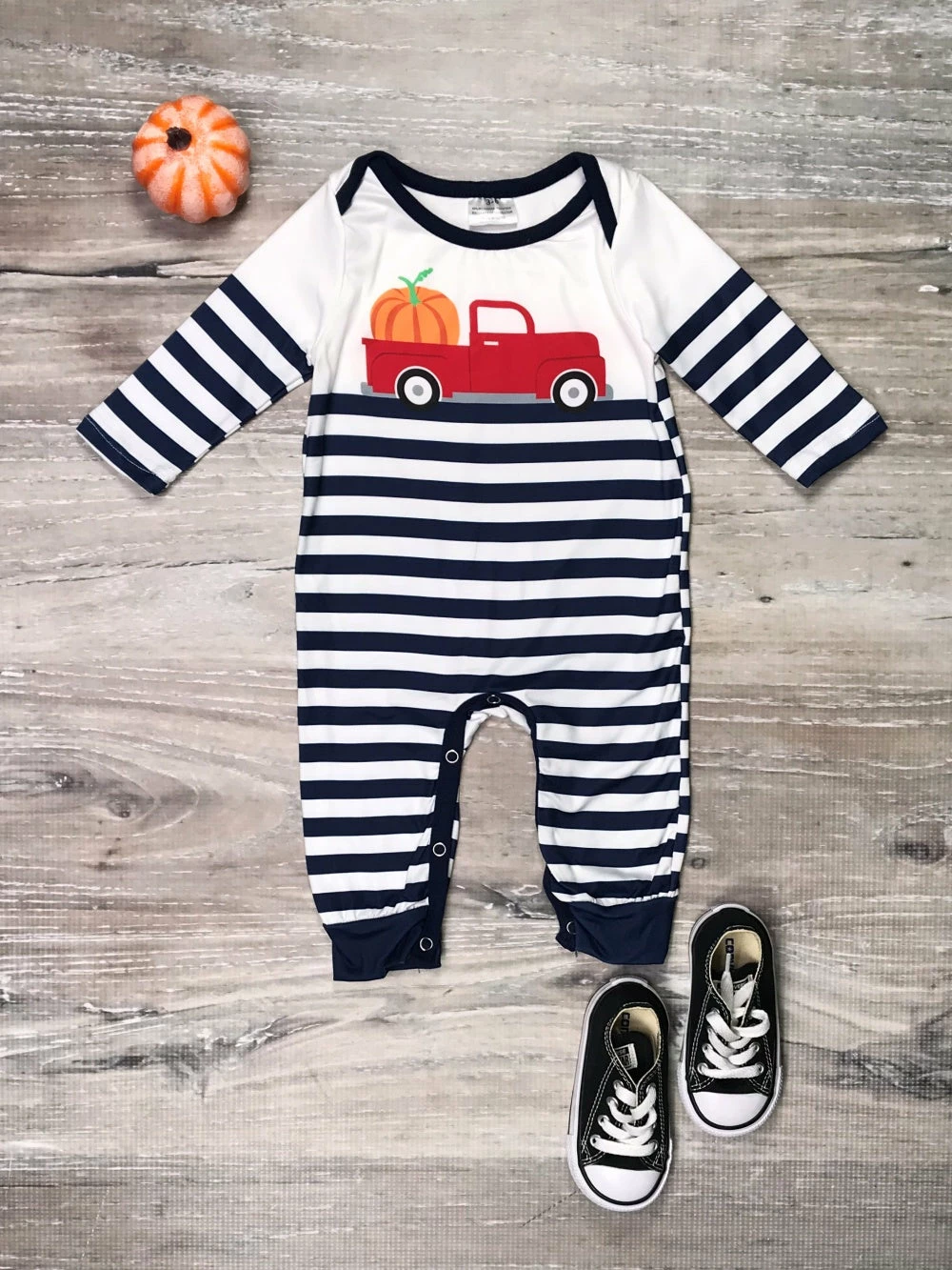 Sydney So Sweet Bit Of Country Pumpkin Truck Long Sleeve Blue Striped Romper 1 Sydney So Sweet Bit Of Country Pumpkin Truck Long Sleeve Blue Striped Romper