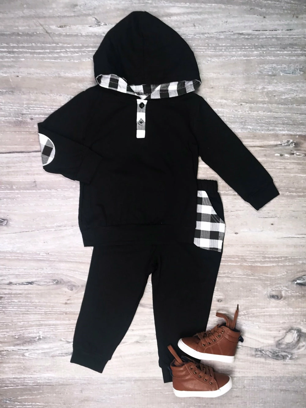 Sydney So Sweet Loungewear, Joggers, & PJ's Black & White Buffalo Plaid Hooded Jogger Boys Outfit 1 Sydney So Sweet Loungewear, Joggers, & PJ's Black & White Buffalo Plaid Hooded Jogger Boys Outfit