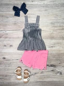 Sydney So Sweet New Arrivals Black & White Gingham Peplum Pink Denim Girls Shorts Outfit