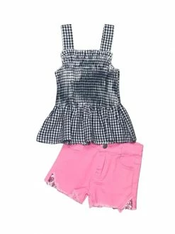 Sydney So Sweet New Arrivals Black & White Gingham Peplum Pink Denim Girls Shorts Outfit