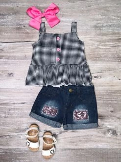 Sydney So Sweet New Arrivals Black & White Gingham Pink Sequin Denim Patch Girls Shorts Outfit