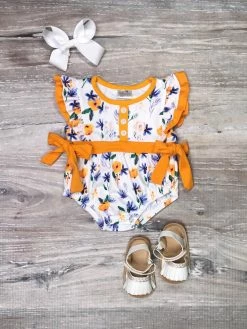Sydney So Sweet Bloom Baby Bloom Blue & Yellow Floral Ruffle Girls Baby Romper