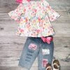 Sydney So Sweet Blooming Spring Day Floral Smocked Sequin Capri Denim Girls Outfit
