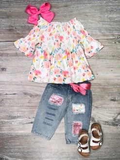 Sydney So Sweet Blooming Spring Day Floral Smocked Sequin Capri Denim Girls Outfit