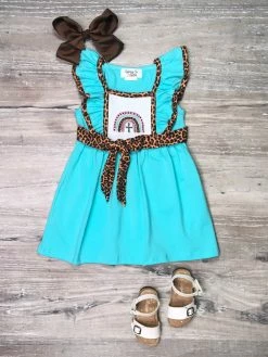 Sydney So Sweet Blue Boho Rainbow Cheetah Cross Ruffle Girls Dress Dresses & Skirt Sets
