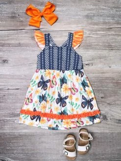 Sydney So Sweet Blue Butterfly Floral Ruffle Orange Girls Tank Dress Dresses & Skirt Sets