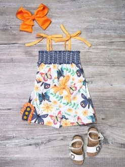 Sydney So Sweet Blue Butterfly Floral Ruffle Orange Tie Strap Girls Shorts Romper