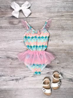 Sydney So Sweet Blue Mermaid Scale Pink Tutu Girls One Piece Swimsuit
