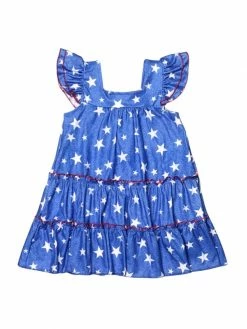 Sydney So Sweet New Arrivals Blue Patriotic Star Tiered Ruffle Flutter Girls 4th Of July Dress