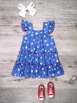 Sydney So Sweet New Arrivals Blue Patriotic Star Tiered Ruffle Flutter Girls 4th Of July Dress