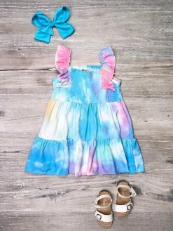 Sydney So Sweet Blue Pink & Purple Cloud Tie Dye Smocked Ruffle Girls Dress