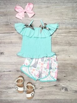 Sydney So Sweet New Arrivals Blue Rabbit Floral Garden Smocked Cold Shoulder Girls Shorts Outfit