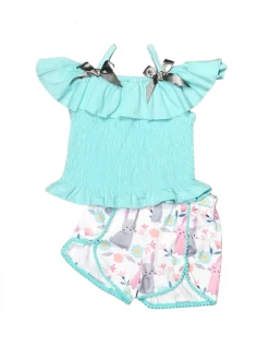 Sydney So Sweet New Arrivals Blue Rabbit Floral Garden Smocked Cold Shoulder Girls Shorts Outfit