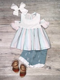 Sydney So Sweet Blue & Gray Stripe Cold Shoulder Lace Denim Girls Shorts Outfit New Arrivals